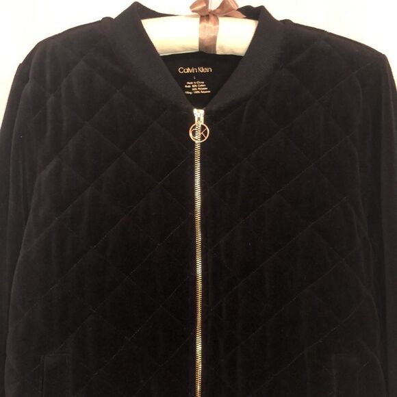 CK L Quilted Front Black Gold Tone Full Zip Velour Bomber Jacket - Picture 3 of 8